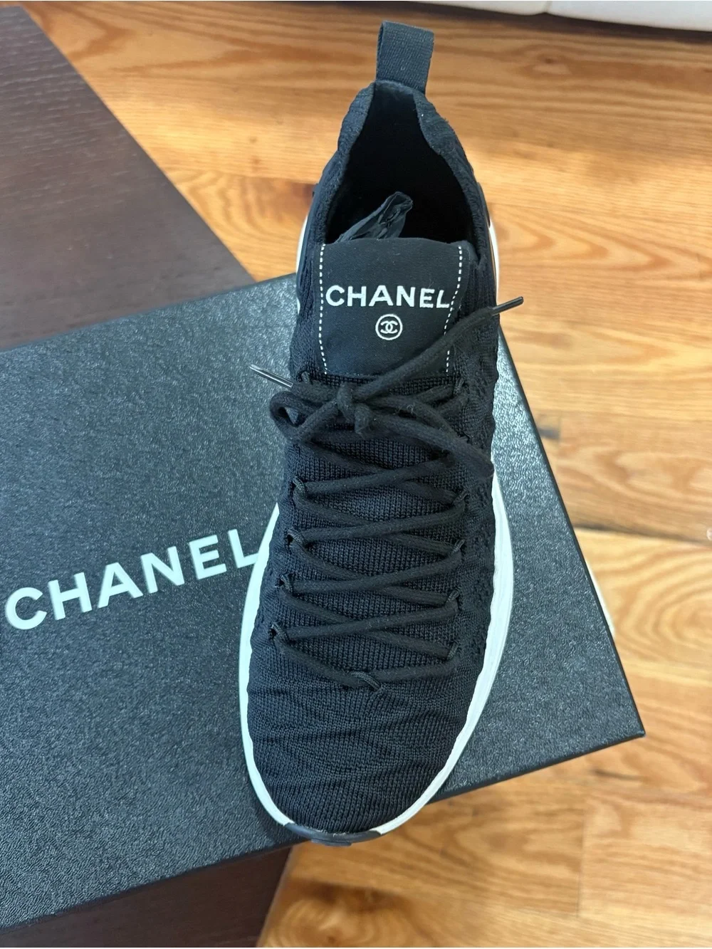 CHANEL Black Knit High-Top Lace-Up Sneakers with White Sole